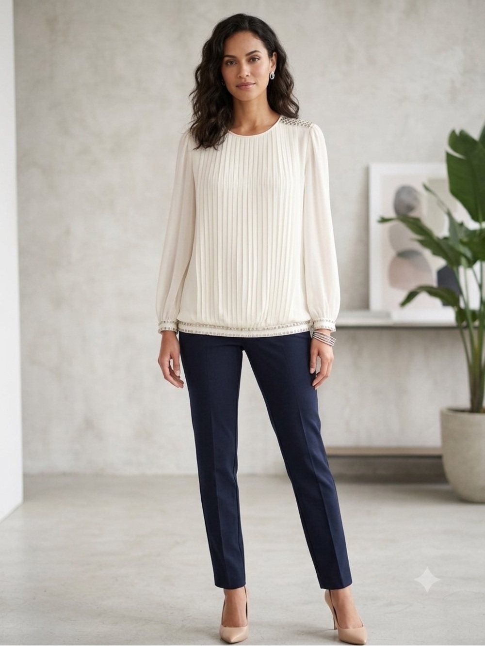 Jennifer Moore Cream Pleated Long-Sleeve Blouse with‎ Beaded Trim